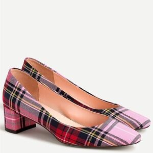J. Crew Kate Pink and Red Plaid Block Heel Pumps